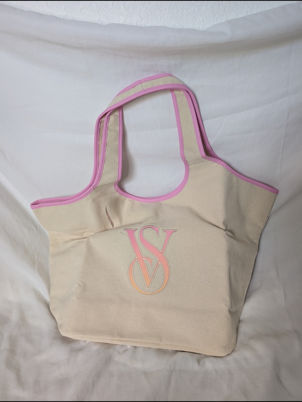 NWT Victoria's Secret Canvas Tote Bag with Pink Trim and Monogram Accent